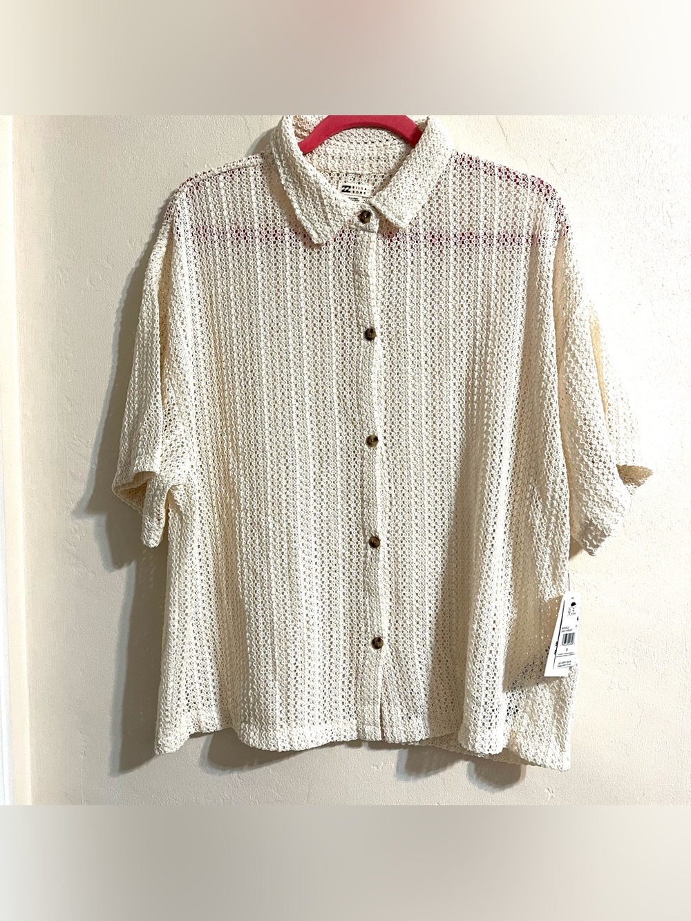 Billabong Cream Largo Oversized Open-Knit Button-Down Over Shirt Size Small Boho